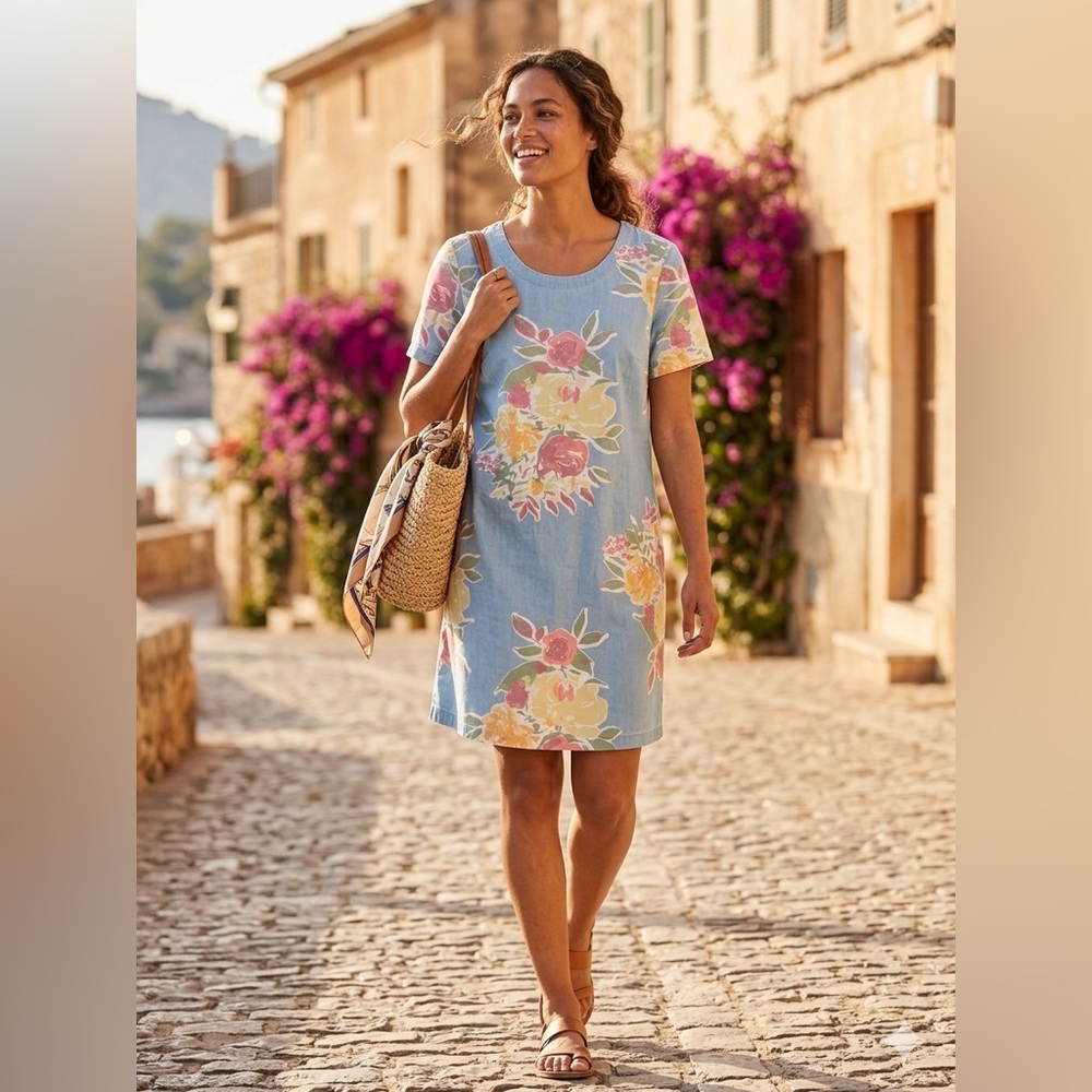 SIZE LARGE Denim & Co.® NEW Floral Print Short Sleeve Shift Dress with Pockets